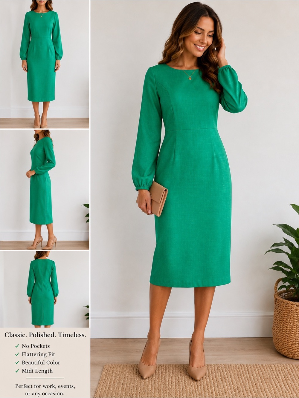 Laura Bettini Green Midi Dress XS Linen Blend Long Sleeve Classic Elegant